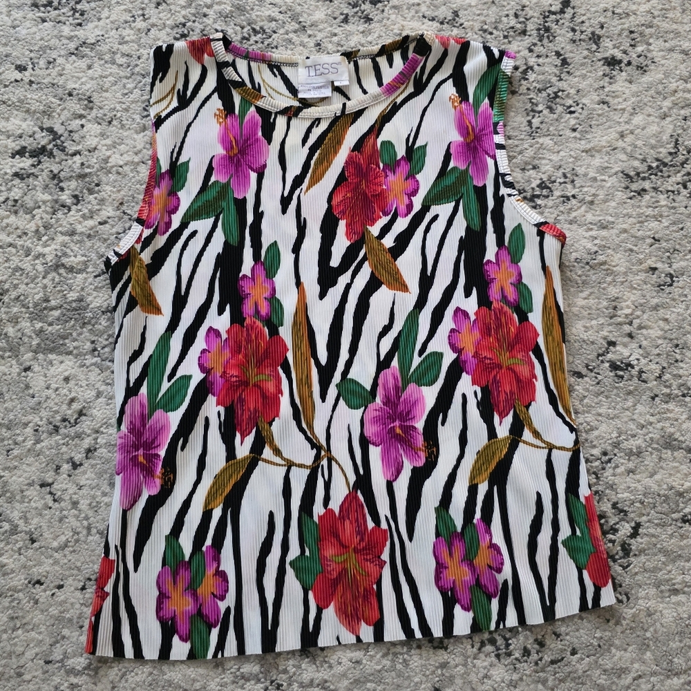 Vintage 90s Tropical Crinkle Sleevless Blouse Womens L TESS Brand Boho Preppy